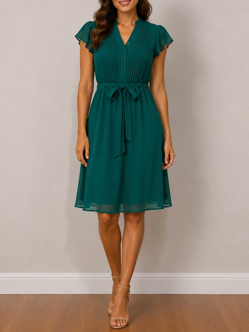 H&M EMERALD GREEN PLEATED DRESS | TIE WAIST | BUTTON UP | FLARE | MIDI | SIZE S